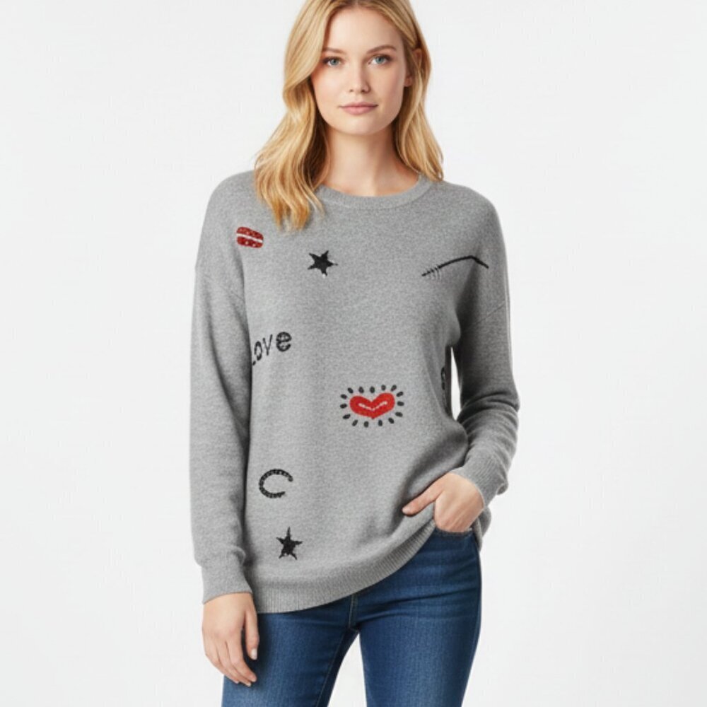 For The Republic Gray Sweater with Embroidered Accents